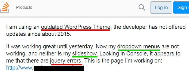 Screenshot of a question on stack overflow about an older theme not working after updating to WordPress 5.5.