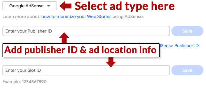 Screenshot of web stories monetization integration form