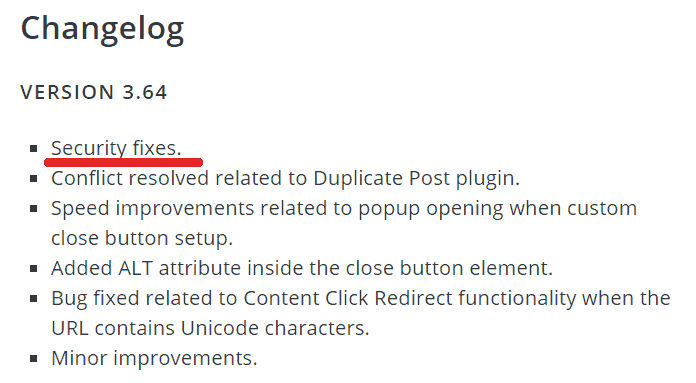 screenshot of the popup builder wordpress plugin changelog