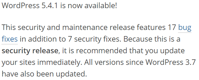 Screenshot of WordPress 5.4.1 security update announcement