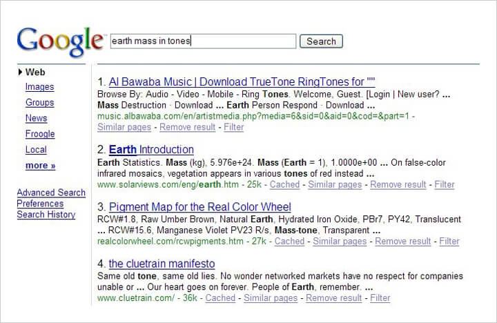 Google search results in 2006