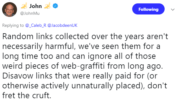 Screenshot of a tweet by Google's John Mueller recommending the use of the disavow tool only on unnatural links you know about